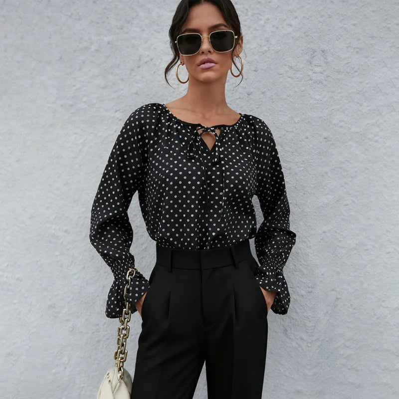 2026 Women Polka Dot Printed Blouse Pullover Female Retro Casual Long Flare Sleeve T-Shirt Lady Comfortable Loose Tee Shirts Top