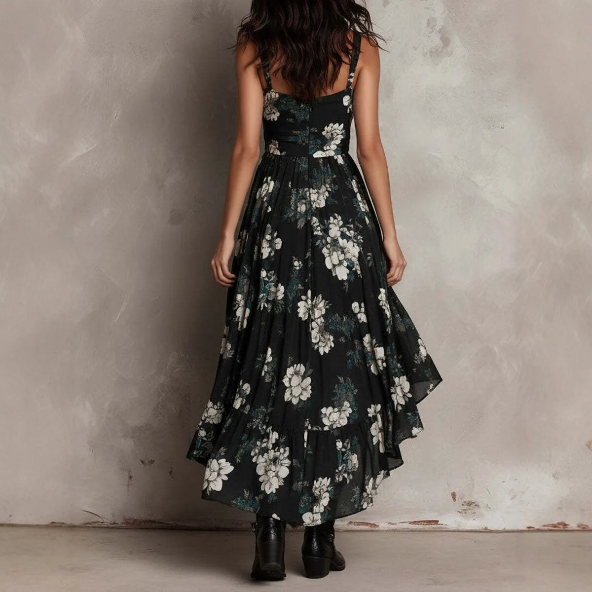 New Robe Femme V-neck Sleeveless Sexy Suspender Fashion Irregular Hem Elegant Dress Women's High Slit Waist Bohemian Print Dress