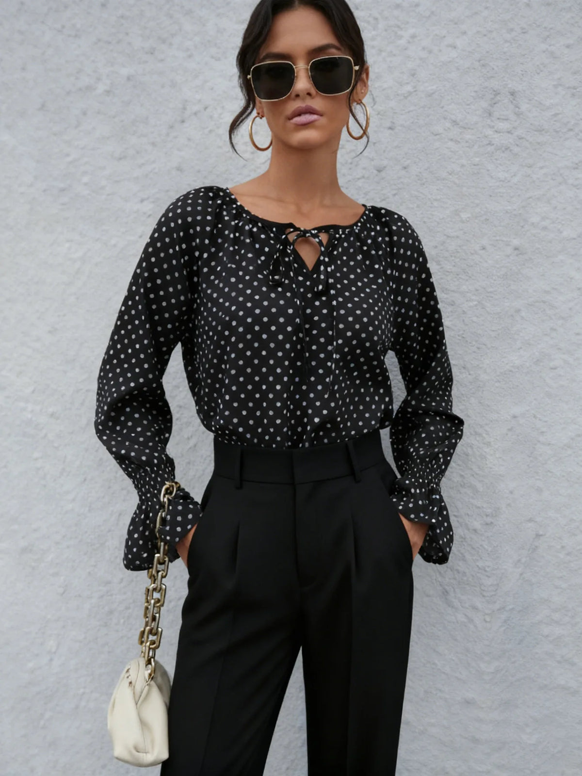 2026 Women Polka Dot Printed Blouse Pullover Female Retro Casual Long Flare Sleeve T-Shirt Lady Comfortable Loose Tee Shirts Top