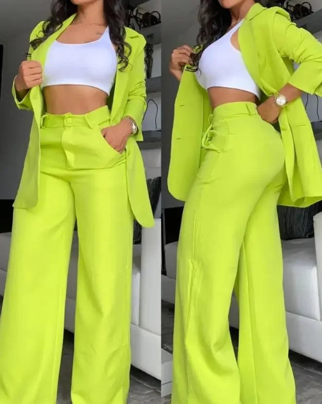 Conjuntos elegantes de blazer para mujer Nueva moda de otoño Abrigo con cuello de solapa y pantalones con diseño de bolsillo para mujer Traje de dos piezas para ir al trabajo