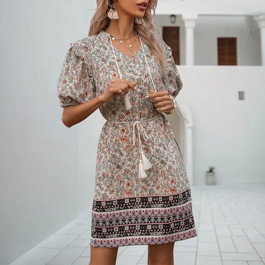 Summer Floral Print Dress for Women Short Sleeve Lace-up Vintage Tassel Pullover Dresses 2026 Elegant Female Boho Beach Skirt