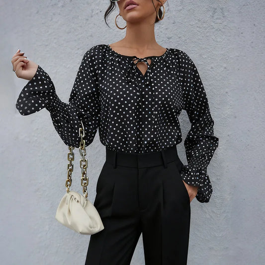 2026 Women Polka Dot Printed Blouse Pullover Female Retro Casual Long Flare Sleeve T-Shirt Lady Comfortable Loose Tee Shirts Top