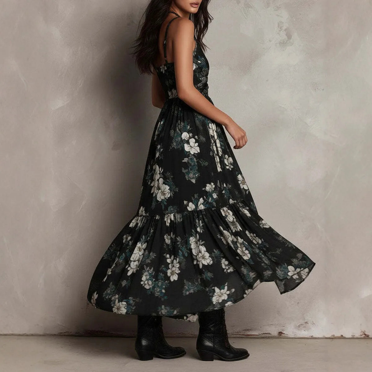 New Robe Femme V-neck Sleeveless Sexy Suspender Fashion Irregular Hem Elegant Dress Women's High Slit Waist Bohemian Print Dress