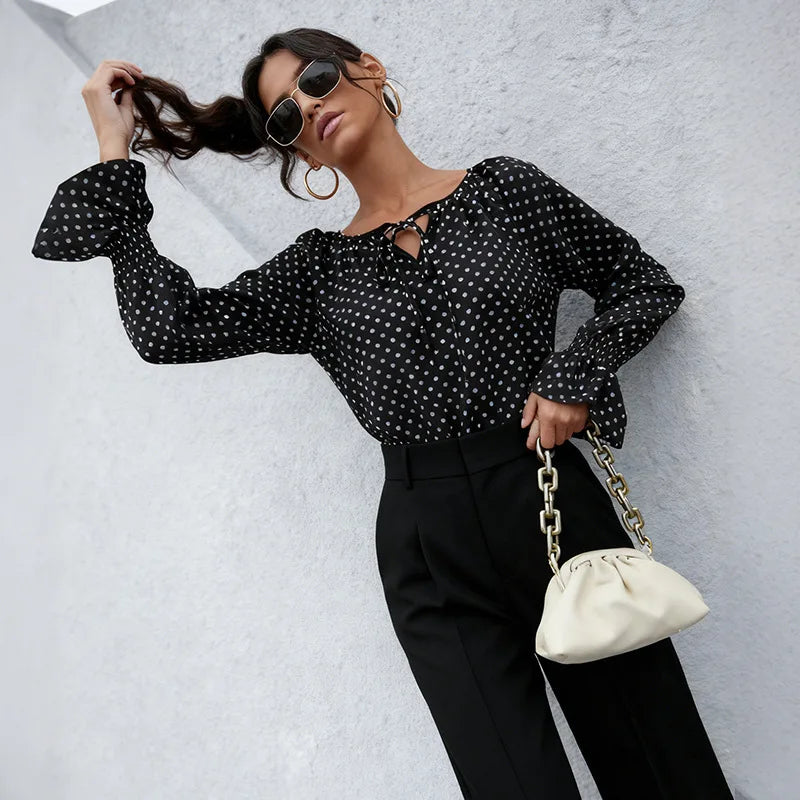 2026 Women Polka Dot Printed Blouse Pullover Female Retro Casual Long Flare Sleeve T-Shirt Lady Comfortable Loose Tee Shirts Top