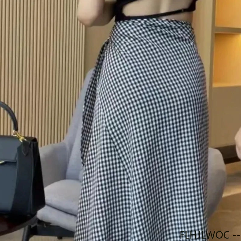 Vintage Plaid Skirts Temperament French Fashion Woman FLHJLWOC Design Bowknot Belt Lace-Up High Waist Bow Tie Long Skirt