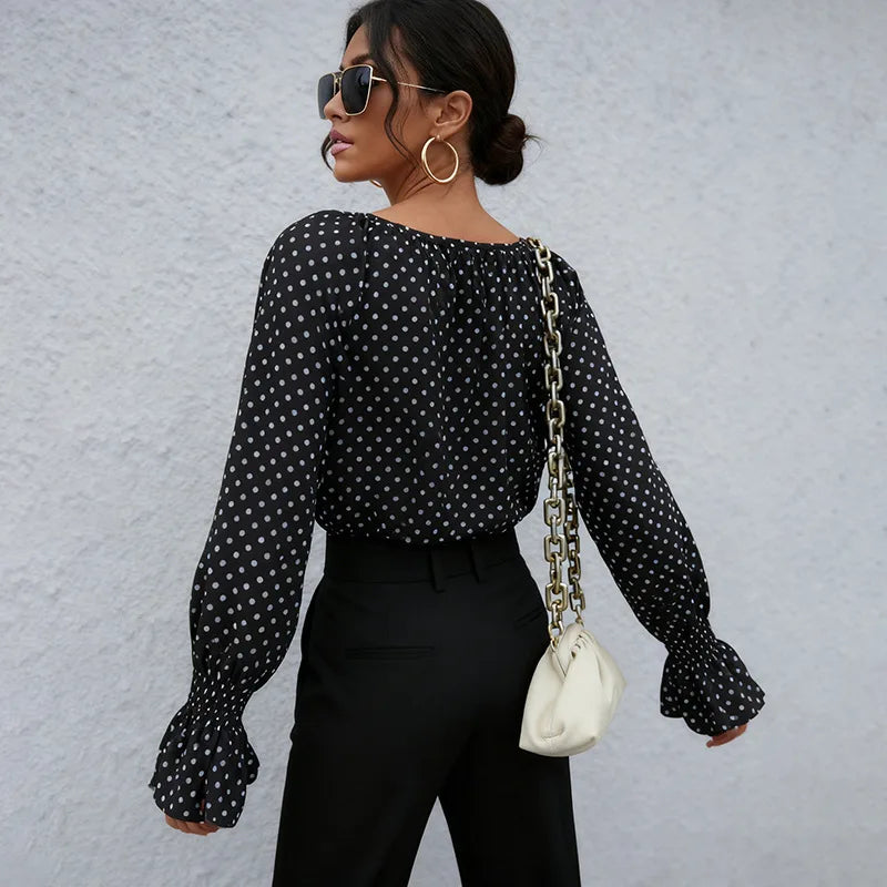 2026 Women Polka Dot Printed Blouse Pullover Female Retro Casual Long Flare Sleeve T-Shirt Lady Comfortable Loose Tee Shirts Top