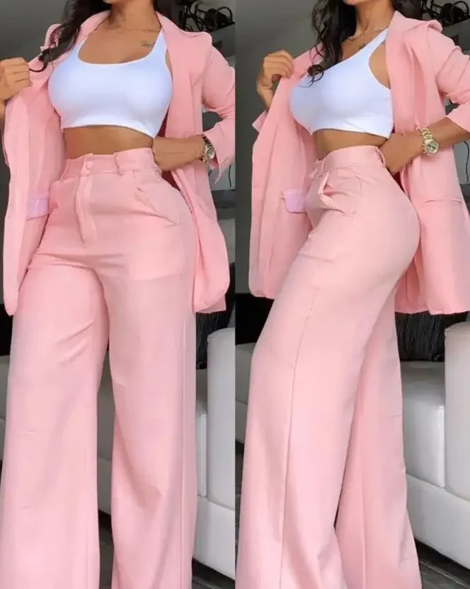 Conjuntos elegantes de blazer para mujer Nueva moda de otoño Abrigo con cuello de solapa y pantalones con diseño de bolsillo para mujer Traje de dos piezas para ir al trabajo
