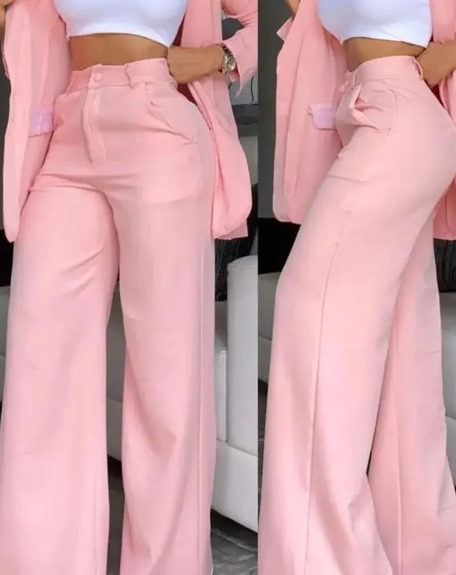 Conjuntos elegantes de blazer para mujer Nueva moda de otoño Abrigo con cuello de solapa y pantalones con diseño de bolsillo para mujer Traje de dos piezas para ir al trabajo