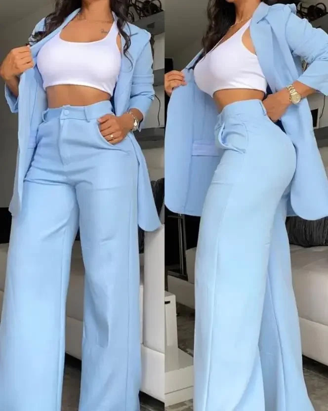 Conjuntos elegantes de blazer para mujer Nueva moda de otoño Abrigo con cuello de solapa y pantalones con diseño de bolsillo para mujer Traje de dos piezas para ir al trabajo