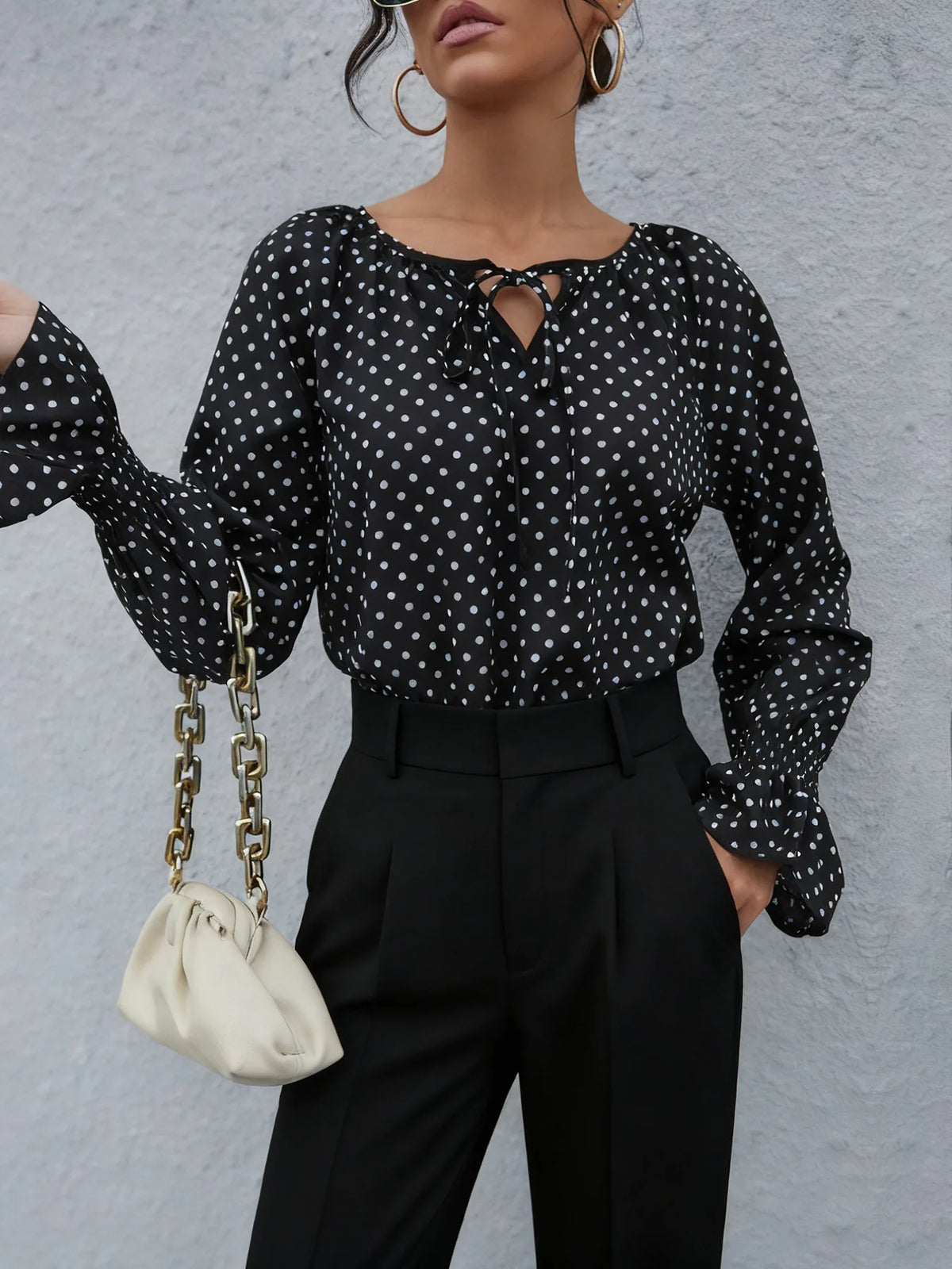 2026 Women Polka Dot Printed Blouse Pullover Female Retro Casual Long Flare Sleeve T-Shirt Lady Comfortable Loose Tee Shirts Top