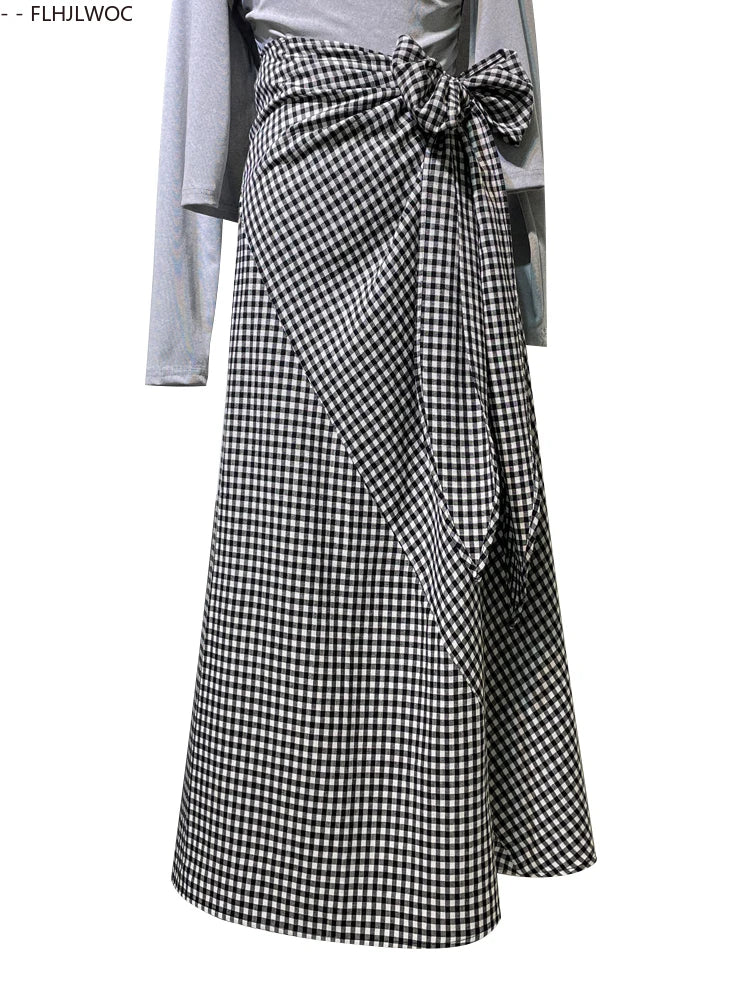 Vintage Plaid Skirts Temperament French Fashion Woman FLHJLWOC Design Bowknot Belt Lace-Up High Waist Bow Tie Long Skirt