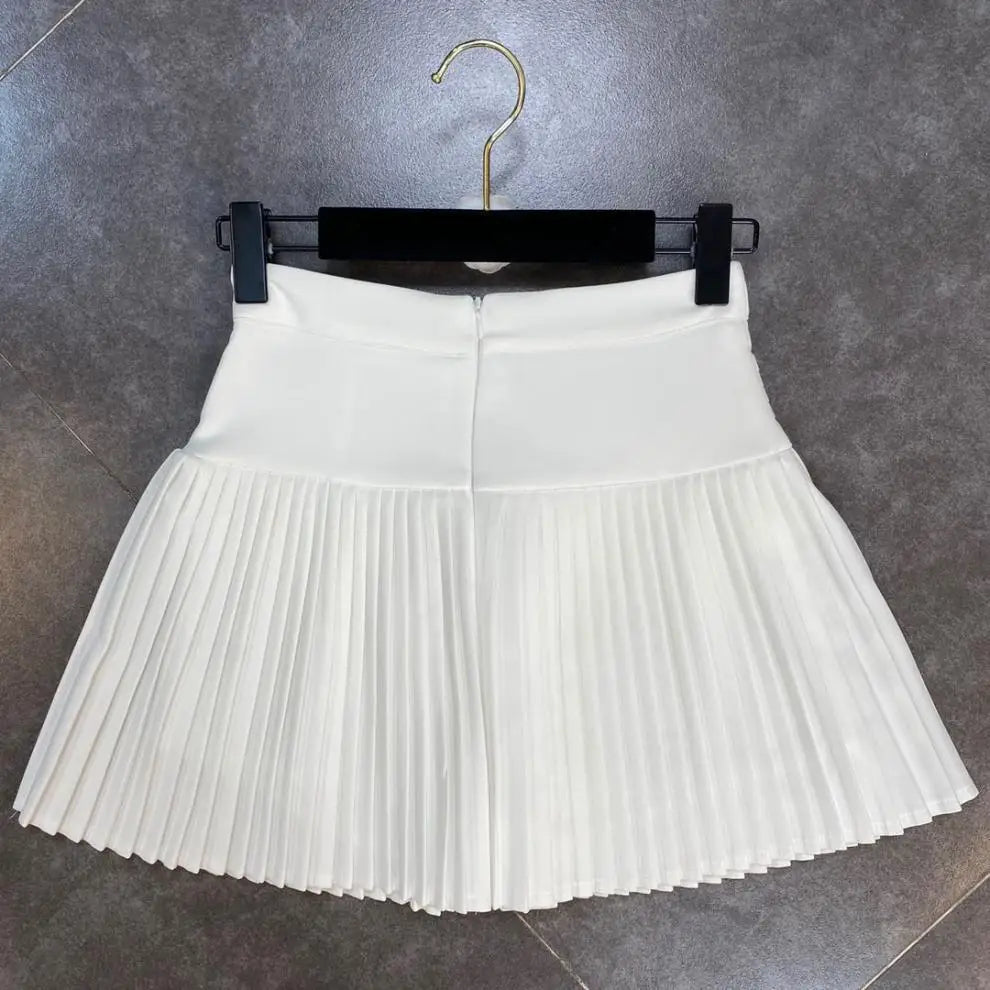 Women's Pleated Skirt Summer Fashion High Waisted White Metal D-pendant Decor Casual Short Pleated A-line Skirt With Lining