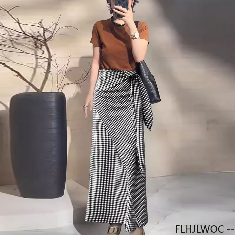 Vintage Plaid Skirts Temperament French Fashion Woman FLHJLWOC Design Bowknot Belt Lace-Up High Waist Bow Tie Long Skirt