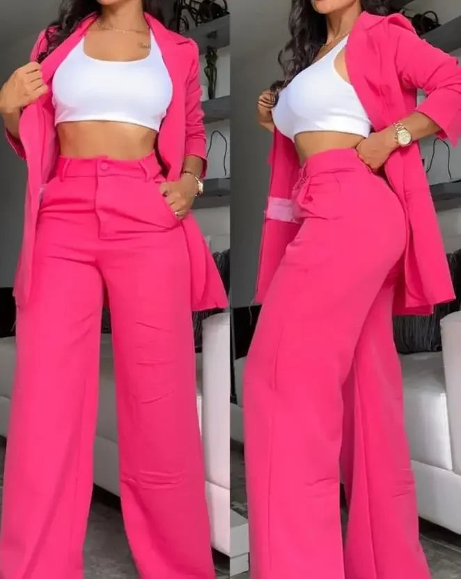 Conjuntos elegantes de blazer para mujer Nueva moda de otoño Abrigo con cuello de solapa y pantalones con diseño de bolsillo para mujer Traje de dos piezas para ir al trabajo