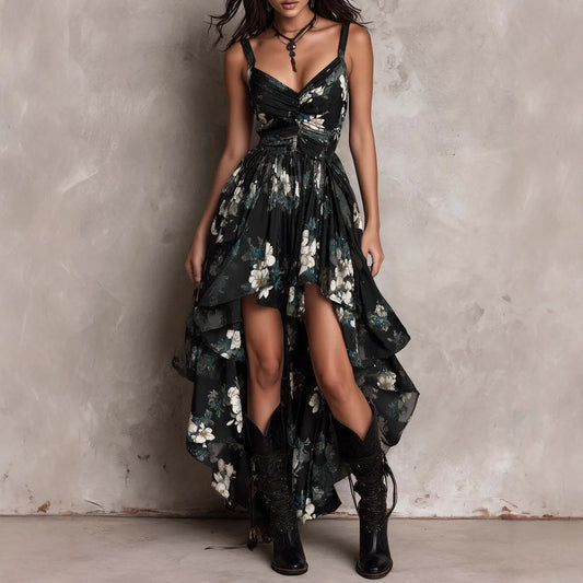 Nuevo Vestido de Mujer con Cuello V, Sin Mangas, Tirantes Sexys, Moda, Dobladillo Irregular, Elegante, de Cintura con Abertura Alta, Estampado Bohemio